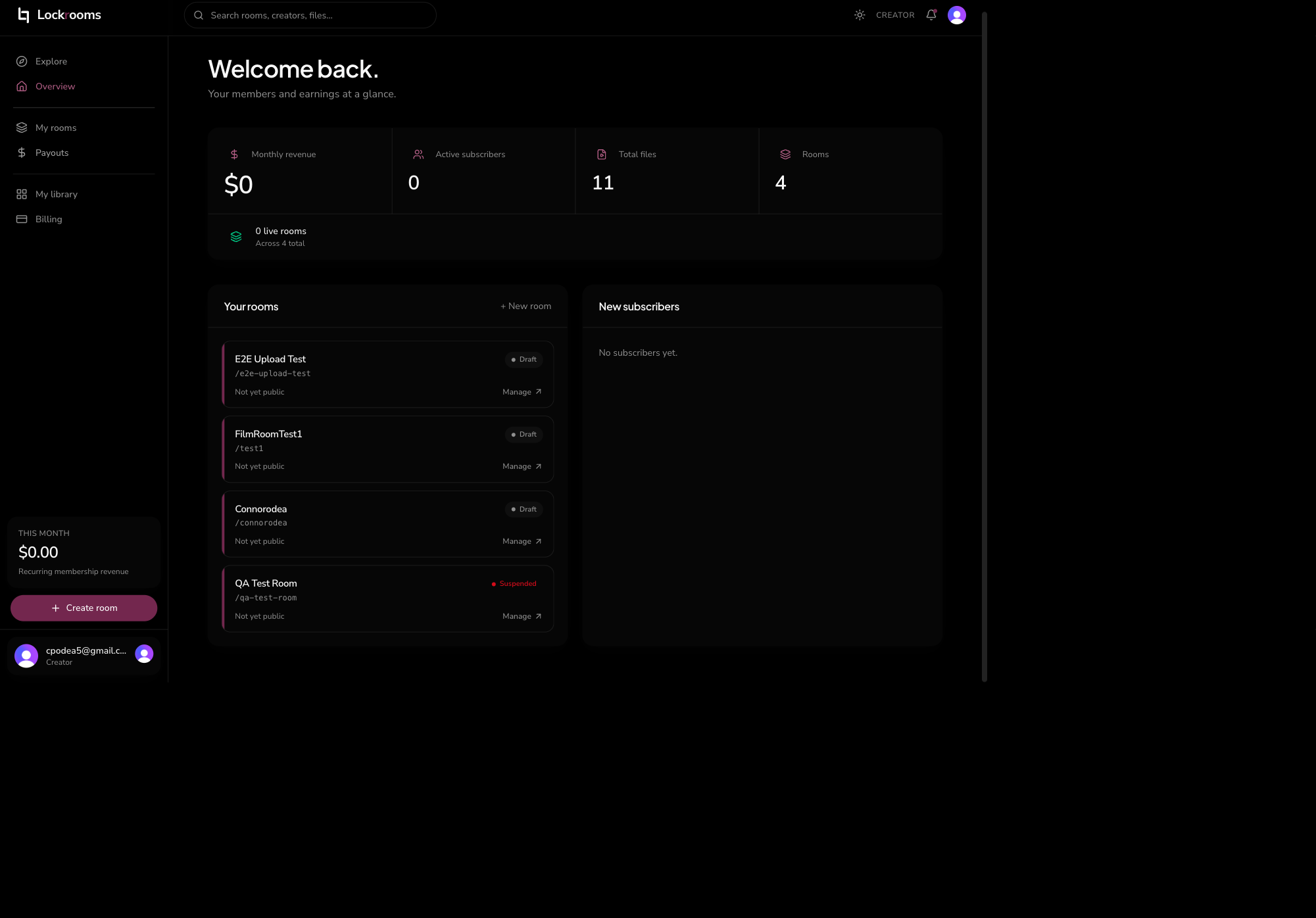 Lockrooms creator dashboard showing earnings and members